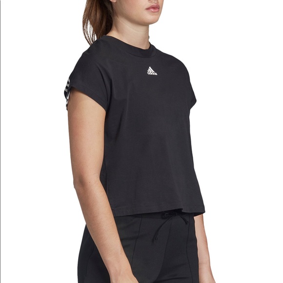 Adidas Black Three Striped Cropped T-Shirt. NEW M - Picture 5 of 6